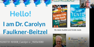 The image shows a screen capture of a Zoom webinar focused on an about me page for Dr. Faulkner-Beitzel